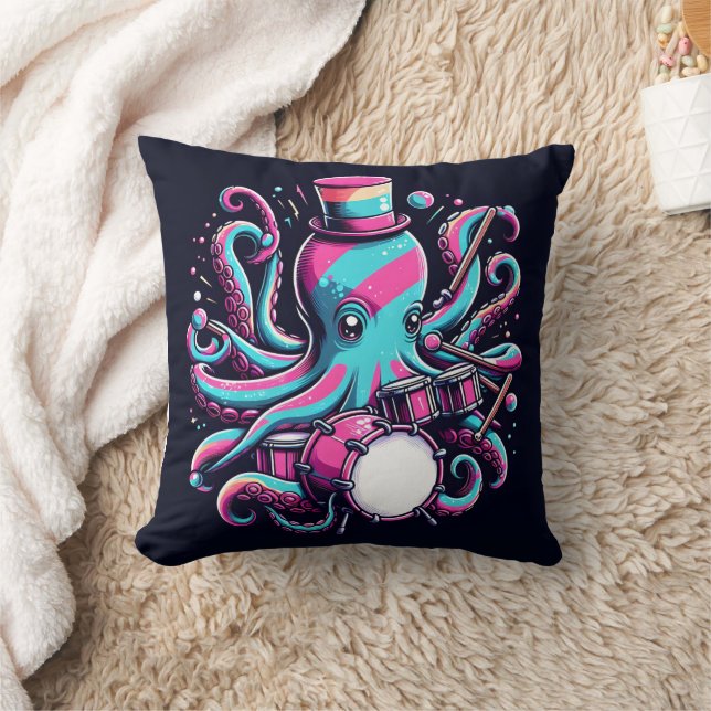 Colourful Octopus Playing Drums With Top Hat Throw Pillow (Blanket)