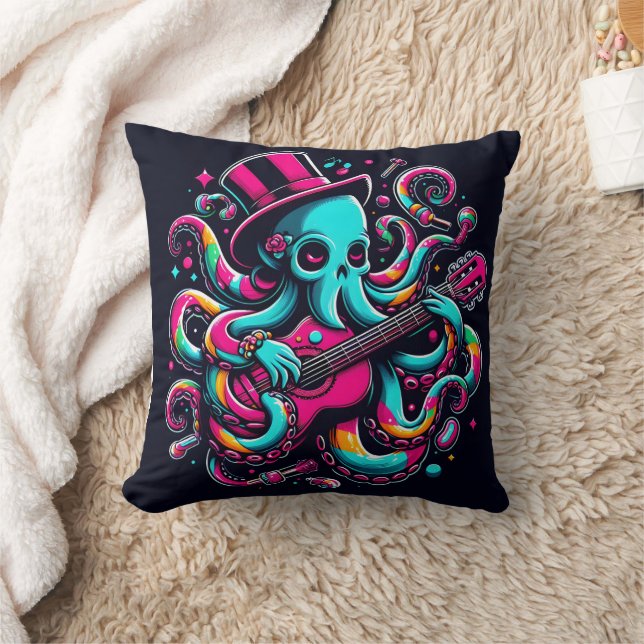 Colourful Octopus Playing Guitar in Artistic Style Throw Pillow (Blanket)