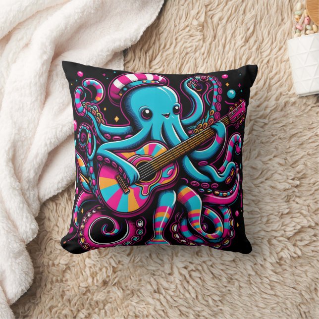 Colourful Octopus Playing Guitar In Vibrant Style Throw Pillow (Blanket)
