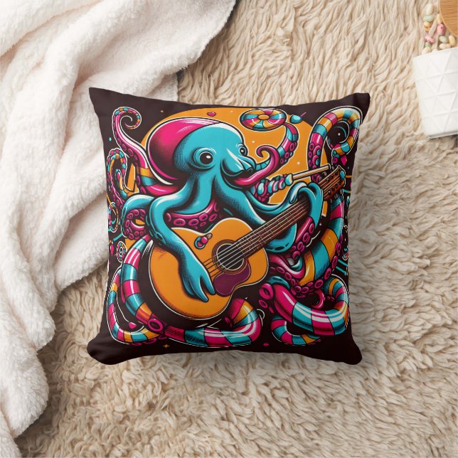 Colourful Octopus Playing Guitar in Vibrant Style Throw Pillow (Blanket)
