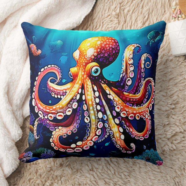 Colourful Octopus View Design Throw Pillow (Blanket)