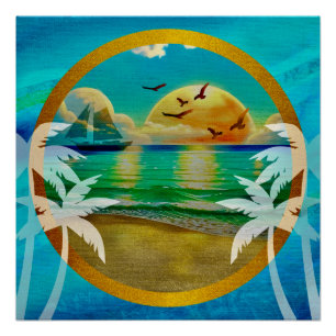Colourful of a Beach with  a Palm Tree and a Sun Poster