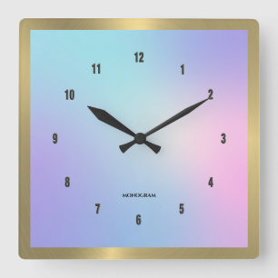 Colourful ombre background gold accent square wall clock