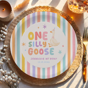 Colourful One Silly Goose Girl 1st Birthday Paper Plate