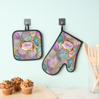 Colourful Opal and Liquid Gold Personalized Oven Mitt & Pot Holder Set