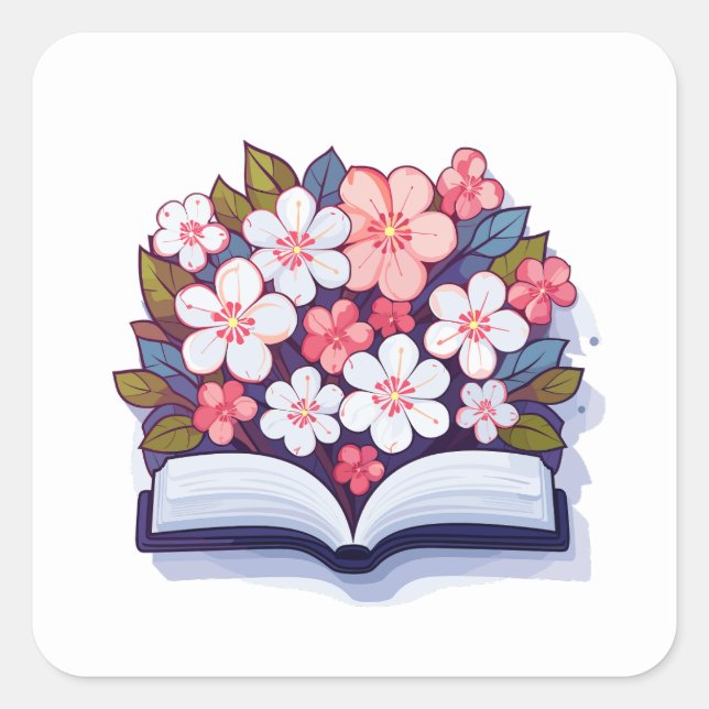 Colourful Open Book with Flowers Square Sticker (Front)