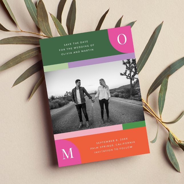 Colourful Orange and Pink Bold Bright Save The Dat Date (A bold and colorful save the date design, perfect for a variety of vibrant wedding themes.)