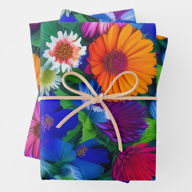 Colourful Orange Blue and Red Flowers Wrapping Paper Sheet (In situ)