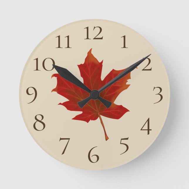 Colourful Orange Maple Leaf & Beige & Brown Round Clock (Front)