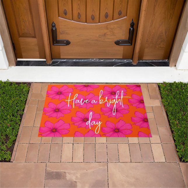Colourful Orange Pink Floral Modern Monogram Doormat (Outdoor)