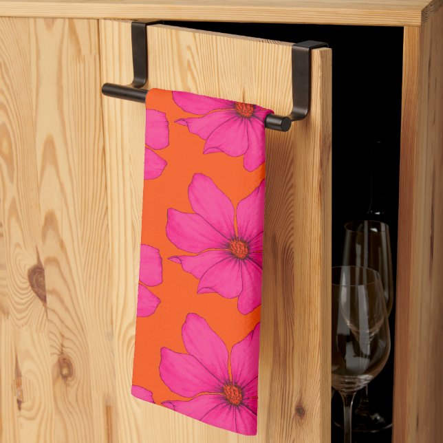 Colourful Orange Pink Floral Modern Monogram Kitchen Towel (Thirds Fold)