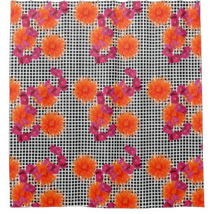 Colourful Orange Pink Flowers Black White Grid