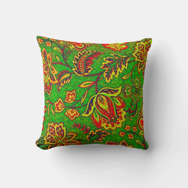 Colourful Orante Retro Flower-Green Background Throw Pillow (Front)