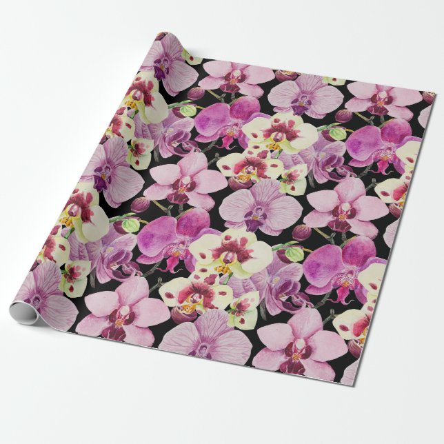 Colourful Orchid Flower Pattern  Wrapping Paper (Unrolled)