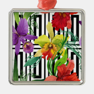 Colourful Orchid Flowers Watercolour Pattern Metal Ornament
