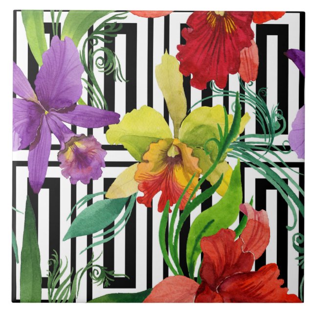 Colourful Orchid Flowers Watercolour Pattern Tile (Front)