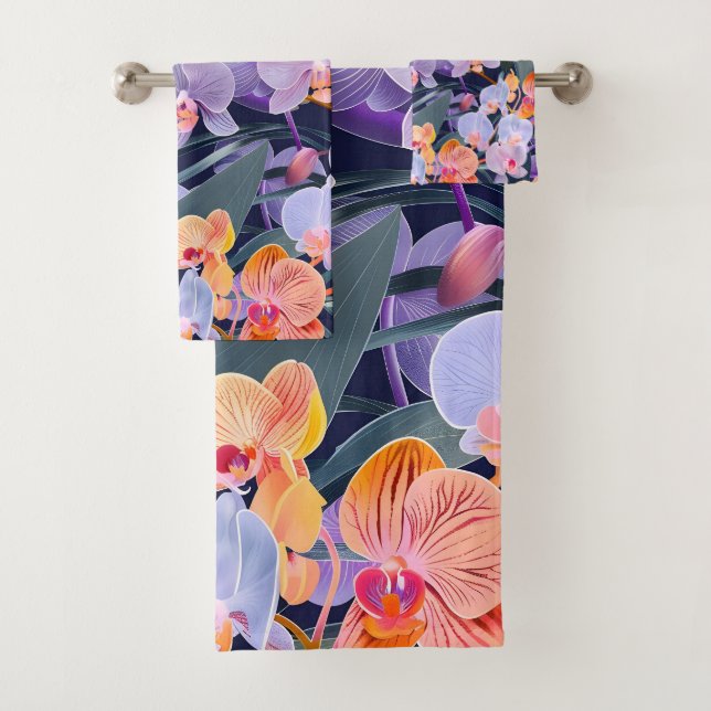Colourful orchid pattern bath towel set (Insitu)