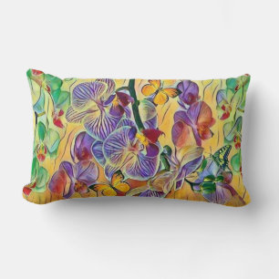 Colourful orchids flower butterflies watercolor lumbar pillow