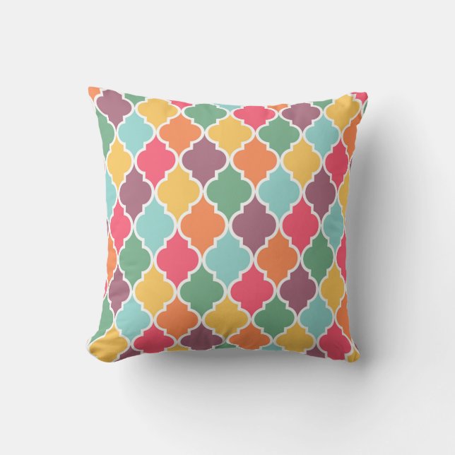 Colourful oriental quatrefoil pattern throw pillow (Front)