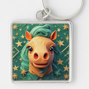 Colourful Origami Horse Art with Starry Background Keychain