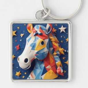 Colourful Origami Horse Art with Starry Background Keychain