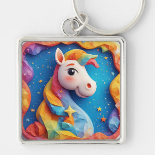 Colourful Origami Horse Art with Starry Background Keychain