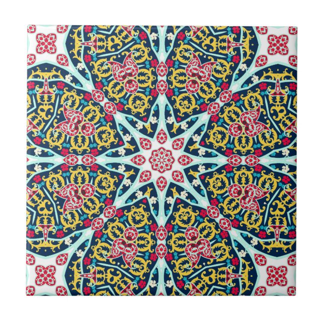 Colourful Ornamental Rosette Mandala Art Tile (Front)