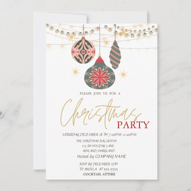 Colourful Ornaments String Lights Red Christmas  Invitation (Front)