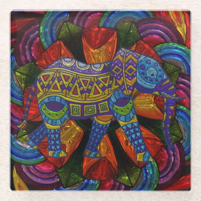 Colourful Ornate Elephant and Mandala Glass Coaster (Front)