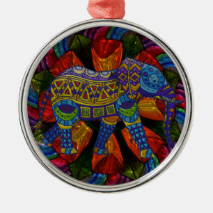 Colourful Ornate Elephant and Mandala Metal Ornament