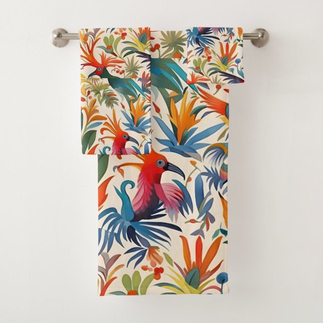 Colourful Otomi Birds Pattern  Bath Towel Set (Insitu)
