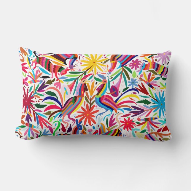 Colourful Otomi Lumbar Pillow, Mexican Embroidery Pillow (Front)