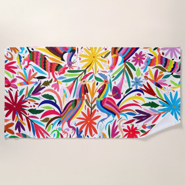 Colourful Otomi Print, Floral/Animal Pattern Beach Towel (Front)