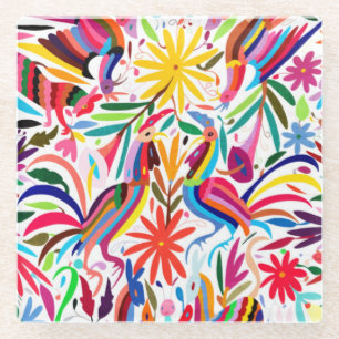 Colourful Otomi Print, Floral/Animal Pattern Glass Coaster