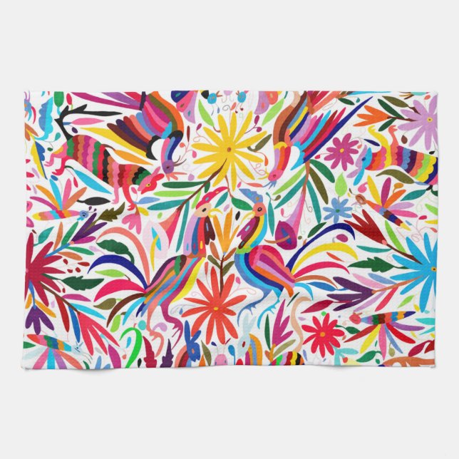 Colourful Otomi Print, Floral/Animal Pattern Kitchen Towel (Horizontal)