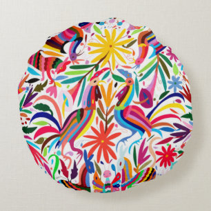 Colourful Otomi Print, Floral/Animal Pattern Round Pillow