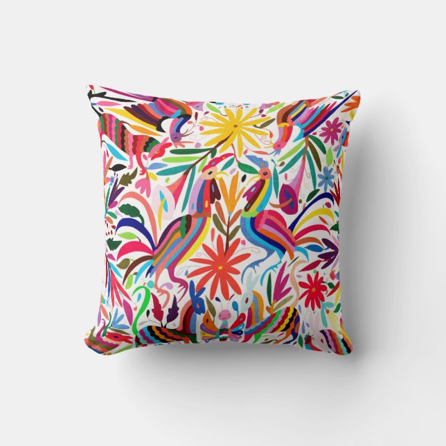 Colourful Otomi Print, Floral/Animal Pattern Throw Pillow (Front)