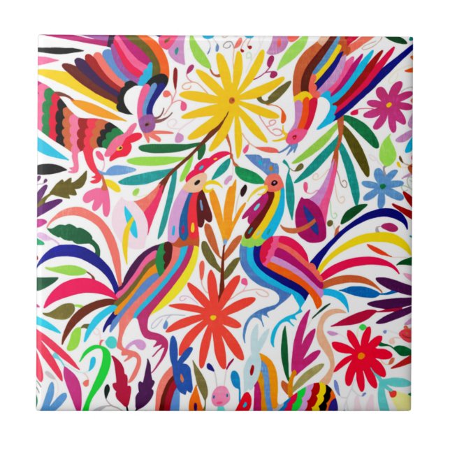 Colourful Otomi Print, Floral/Animal Pattern Tile (Front)