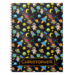 Colourful Outer Space Astronaut Rockets Black Notebook