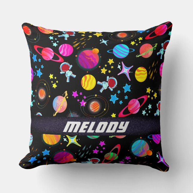 colourful outer space planet galaxy stars pattern throw pillow (Front)