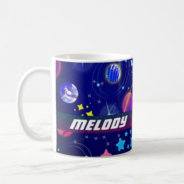 colourful outer space planets galaxy stars blue coffee mug (Left)