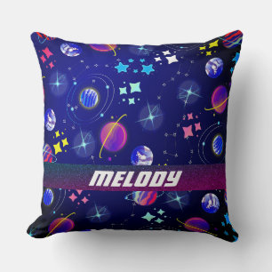 colourful outer space planets galaxy stars blue throw pillow