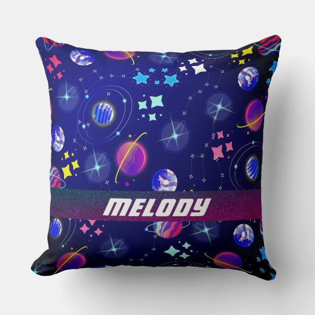 colourful outer space planets galaxy stars blue throw pillow (Front)