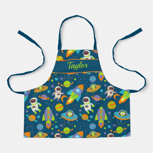 Colourful Outer Space Rocket Ship Astronaut Apron (Front)