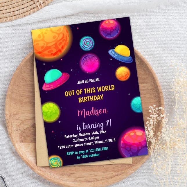 Colourful Outer Space Theme for Kids Invitation (Galaxy Planets Birthday Invitations)