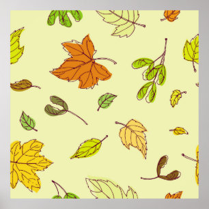 Colourful outline maple leaves in yellow backgroun poster