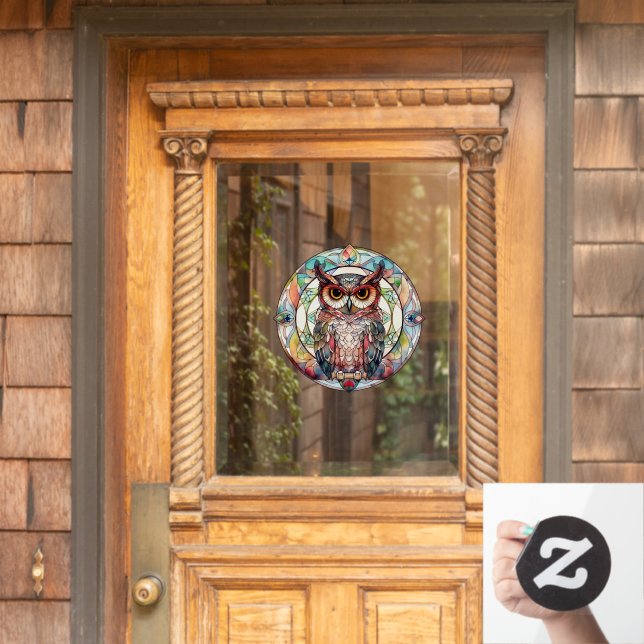 Colourful Owl Bird Art Faux Stained Glass Window Cling (Home Door)