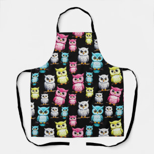 Colourful Owl Birds Black Background Pattern  Apron