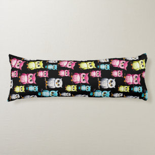 Colourful Owl Birds Black Background Pattern  Body Pillow