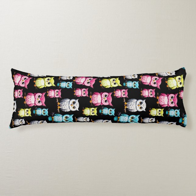 Colourful Owl Birds Black Background Pattern  Body Pillow (Front)